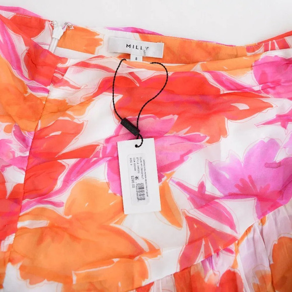 Milly Mira Paper Ruffled Floral Peony Mini Skirt In Orange Multi 8  NWT - Picture 8 of 14